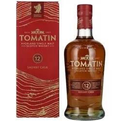 Tomatin 12 Jahre Sherry Cask - Highland Single Malt Scotch Whisky - Whisky, 12 Jahre in Sherryfässern gereift, verführt mit Aromen von karamellisierten Äpfeln und Schokoladenfondant für ein luxuriöses Geschmackserlebnis.