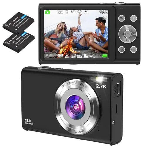 Digitalkamera, STUOGYUM Autofokus Vlogging Kamera FHD 2.7K 48MP Fotokamera Digitalkamera, Wiederaufladbare Kompaktkamera für YouTube Vlogging für Fotografie-Anfänger (Schwarz)