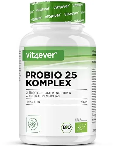 Probio 25 Komplex - 180 Kapseln mit 27 Milliarden Darmbakterien - Nahrungsergänzungsmittel mit 25 ausgewählten Milchsäurebakterienkulturen und Bio Inulin für eine optimale Darmflora. Magensaftresistente Kapseln sorgen für maximale Wirkung im Dünndarm.