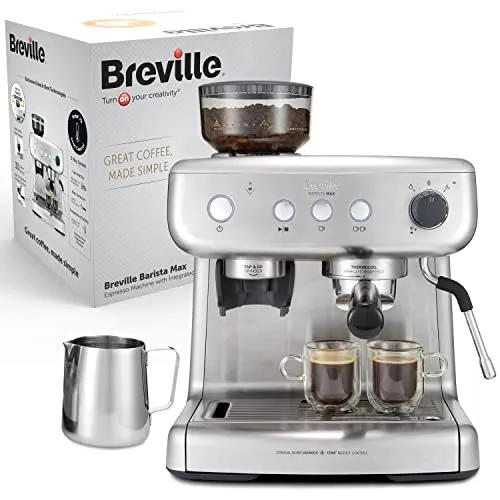 Breville Barista Max Siebträgermaschine - Siebträgermaschine mit integriertem Mahlwerk und Milchaufschäumer, perfekt für köstlichen Kaffee wie im Café, dank Temperatur-IQ-Steuerung und 30 anpassbaren Mahleinstellungen.