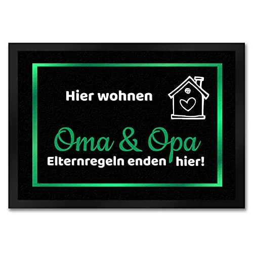 trendaffe Hier wohnen Opa und Oma Fußmatte in 35x50 cm - Elternregeln Enden Hier in grün die Großeltern Schmutzfangmatte als Geschenk zum Geburtstag, Weihnachten oder Goldener Hochzeit für