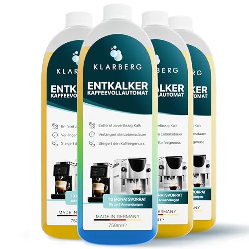 KLARBERG® Entkalker für Kaffeevollautomaten - 4 x 750 ml - Entkalkung & Reinigung für Kaffee- & Espressomaschinen, kompatibel mit allen Marken und verbessert den Kaffeegeschmack durch gründliche Kalkentfernung.