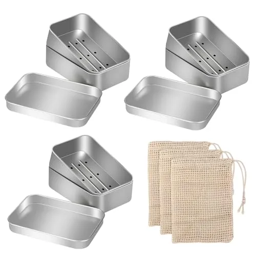 Stück Seifendose aus Aluminium , Wasserdichte Seifenbox für Festes Shampoo, Seifenbehälter mit Abtropfgitter,Seifensäckchen, Reise Seifenschale, Seifenbehälter für zu Hause und Reisen 3
