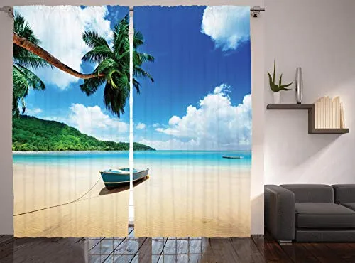 ABAKUHAUS Ozean Rustikaler Vorhang, Boot am Strand in Insel Mahe, Wohnzimmer Universalband Gardinen mit Schlaufen und Haken, 280 x 225 cm, Meerblau Sandbraun