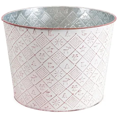 Runder Pflanztopf Winterdeko, Pflanzkübel in Ø 25 x 19 cm, Rot - Metall Pflanzschale als Weihnachtsdeko - Dekorative Blumenschale für Zimmerpflanzen, Blumentopf für Fensterbank oder Garten