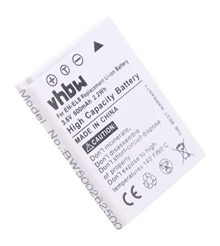 vhbw Akku kompatibel mit Nikon Coolpix P1, S50c, S2, S52c, S1, S52, S5, S3, S7, S6, S9, S7c, P2, S51c, S51 Kamera (600 mAh, 3,6 V, Li-Ion) - Ersatz für EN-EL8