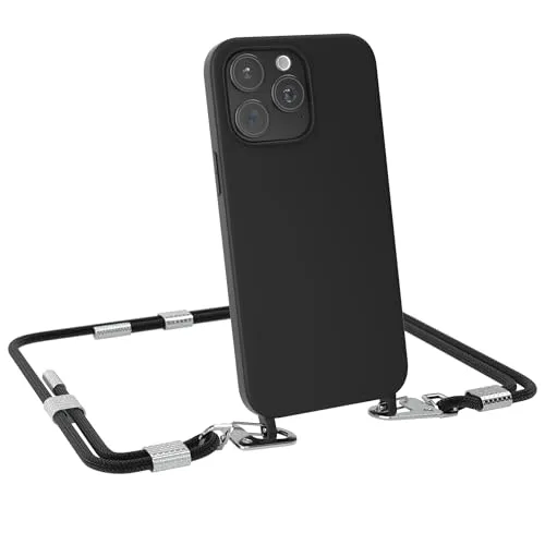 EAZY CASE - Handykette mit Karabiner kompatibel mit iPhone 15 Pro Max - Hülle Silikon Fallschutz Handyhülle für iPhone 15 Pro Max Kette zum Umhängen Schutzhülle Mikrofaser in Schwarz - Clips Silber
