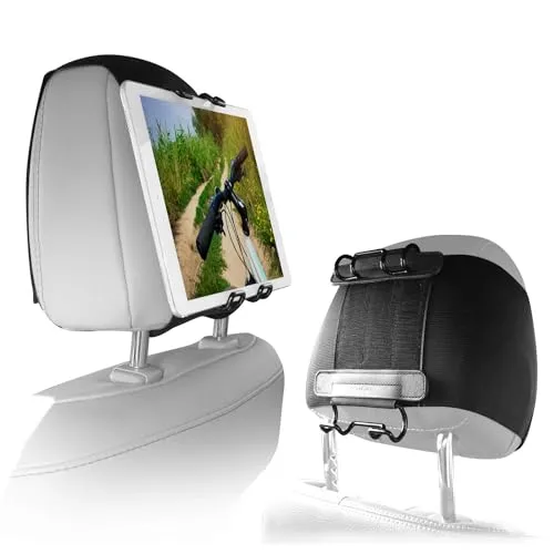 Macally STRAPMOUNT, Kopfstützenhalterung mit verstellbarem Gurt für Fast alle Kopfstützen, für iPad & andere Tablets bis 11 Zoll, schwarz