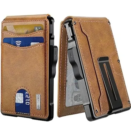umoven Geldbörse für Herren – mit Geldklammer, schlanke Lederfächer, RFID-blockierend, Bifold minimalistische Geldbörse, Braun, Minimalistisch