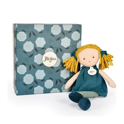 Stoffpuppe Jade 30cm - Hübsche Stoffpuppe in blauem Kleid, perfekt als Geschenk zur Geburt. Mit gelb-braunem Haar, maschinenwaschbar bei 30° Grad und in einem passenden Geschenkkarton verpackt.