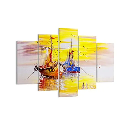 ARTTOR Bilder auf Leinwand 150x100cm Leinwandbild Boote Sonne Meer Reisen Groß XXL Wanddeko Bild Schlafzimmer Set 5 teilige Wandbilder Dekoration Wohnzimmer Canvas Wand Kunstdruck Art EA150x100-2882