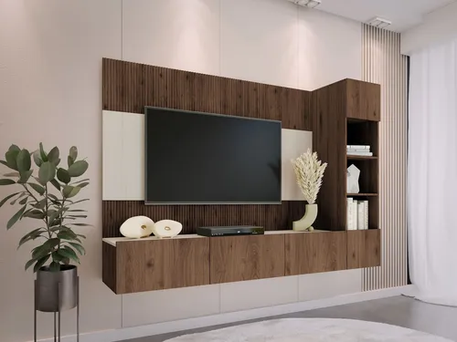 MIRJAN24 Wohnwand Deromi II - modernes 3er-Set mit push to open System - Stylische Wohnwand Deromi II für Ihr Wohnzimmer. Mit grifflosen Öffnungssystem und eleganter Laminatplatte bietet sie praktischen Stauraum und modernes Design. Ideal für Unterhaltungselektronik.
