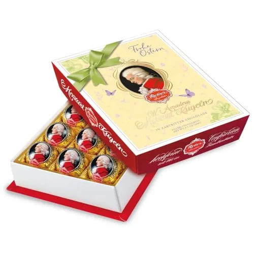 Reber Mozart-Barock, Echte Reber Mozart-Kugeln, Oster-Edition, Pralinen aus Zartbitter-Schokolade, Marzipan, Nougat, Tolles Geschenk, 12er-Packung