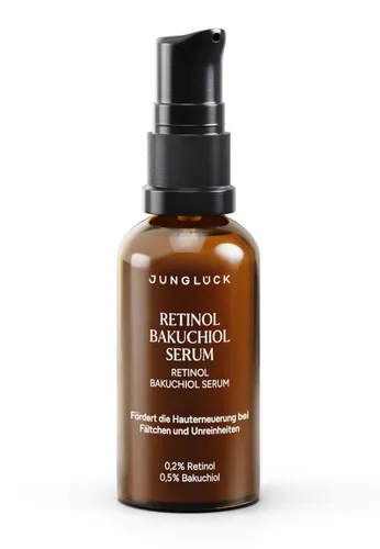 JUNGLÜCK Retinol Bakuchiol Serum - Entdecke unser revitalisierendes Serum für eine strahlendere Haut! Mit 0,5% Bakuchiol und 0,2% verkapseltem Retinol unterstützt es die Zellerneuerung und sorgt für ein ebenmäßiges Hautbild. Ideal für deine Abendroutine!
