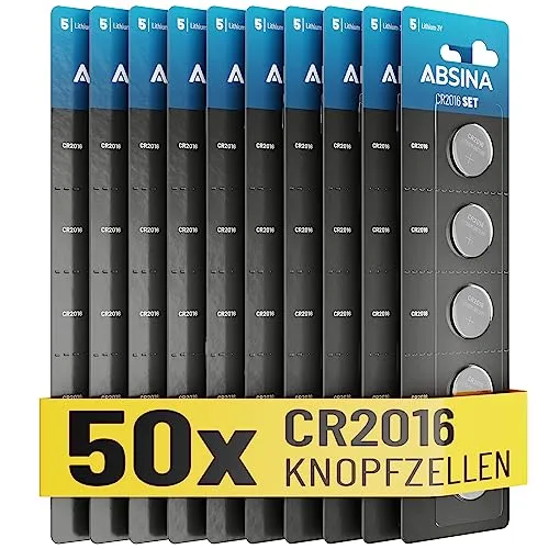 ABSINA CR2016 Knopfzelle 50er Pack - CR 2016 Knopfzelle 3V auslaufsicher & Lange Haltbarkeit - Batterie CR2016 für Autoschlüssel, Küchenwaage UVM - CR 2016 Lithium 3V - Knopfbatterie