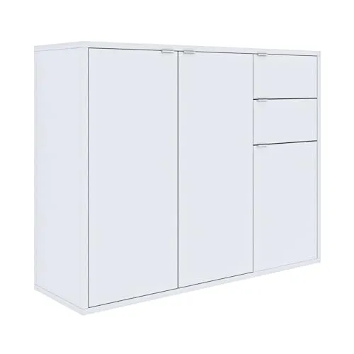 Home Collective Kommode mit 2 Schubladen und 3 Türen Flur Schlafzimmer Wohnzimmer Organizer 110 cm breit 80 cm hoch | weiß Holz Highboard Sideboard Mehrzweckschrank Schrank schmal