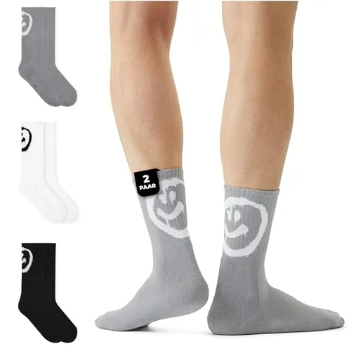 von Jungfeld 2er Set Graue Tennissocken Damen & Herren in Gr. 43-46 - Lange Socken (Crew Socks) aus Bio-Baumwolle - Strümpfe mit Smiley Statement