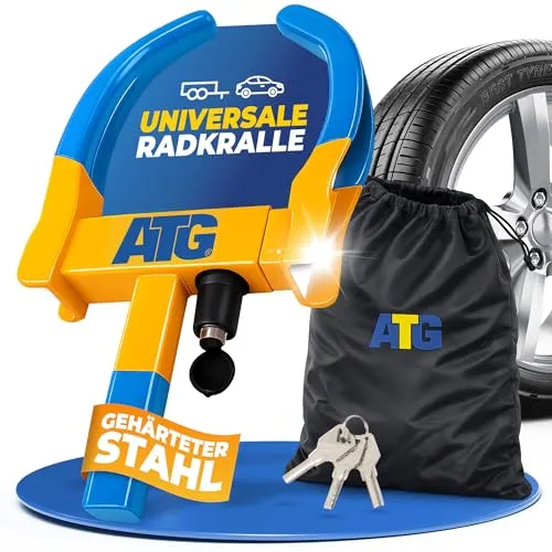 ATG Parkkralle Radkralle für Auto & Anhänger – Universelle Reifenkralle als Wegfahrsperre Auto – Diebstahlsicherung Anhänger für PKW, Wohnwagen, Wohnmobil & Motorrad – Reifenbreite 18–28 cm