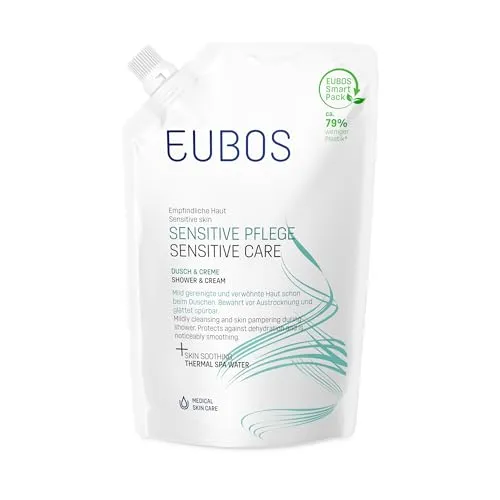 EUBOS SENSITIVE PFLEGE Dusch & Creme Nachfüllbeutel - Tagespflege für empfindliche Haut, mit beruhigenden und glättenden Wirkstoffen für eine sanfte Reinigung und Pflege. Dermatologisch bestätigt, alkaliseifen- und farbstofffrei, für ein seidenweiches Hautgefühl.
