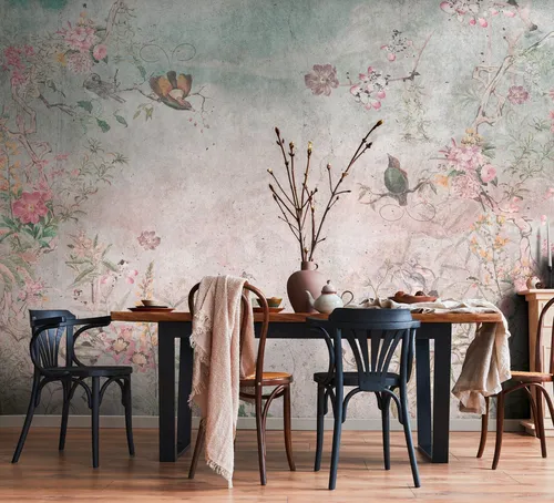 Fototapete Vlies Floral Blumen Vögel Betonoptik Grau Bunt - Moderne Fototapete mit floralem Design, abziehbar und scheuerbeständig, ideal für alle Zimmer und sorgt für ein lebendiges Wohnambiente.