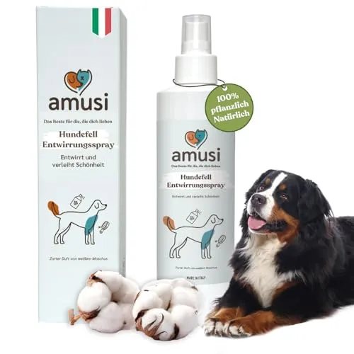 amusi Fellpflege Hund 250ml - Entfilzungsspray Hunde hypoallergene Formel auf Basis von Pflanzenölen, Hundeparfüm - Fellspray Hund und nährende Wirkung für alle Felltypen, antistatische Wirkung