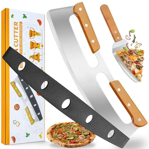Pizzaschneider Groß - Profi Pizzamesser (Pizza Cutter) aus Edelstahl 35cm mit Holzgriff & Klingenschutz + Tortenheber - Scharfer Pizza Wiegemesser effektiver als Pizzaroller für Pizza und Flammkuchen