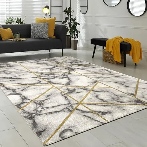 Paco Home Teppich Wohnzimmer Kurzflor Modernes Marmor Design Geometrisch Grau Gold - Teppich in 160x230 cm, robust und pflegeleicht, ideal für moderne Wohnräume, Fußbodenheizung geeignet bis 24 Grad