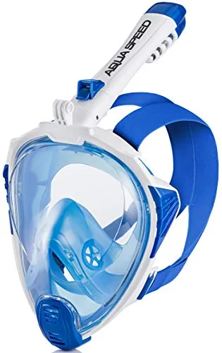 Aqua Speed Erwachsene Vollgesichtsmaske Tauchmaske I Full Face Schnorchelmaske I Tauchermaske mit Schnorchel I Halterung für Action Kamera I + Mikrofasertuch I Gr. S-M, 12.Blau/Weiß I Drift