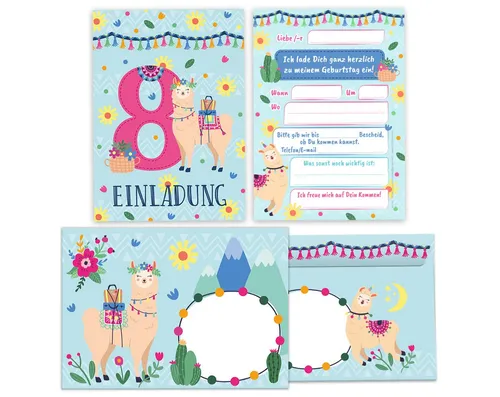 JUNAPACK Einladungskarten Lama zum 8. Kindergeburtstag Einladungen mit Umschlägen Karten Alpaka, Einladungskarten mit Umschlägen zum achten Geburtstag Lama Tiere