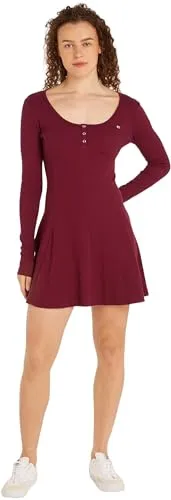 Tommy Jeans Damen Kleid Flare Dress Langarm, Rot (Valley Grape), XL - Freizeitkleider für Damen, ikonisches Minikleid mit tiefem Rundhalsausschnitt, ideal für sportliche Outfits und jeden Anlass.