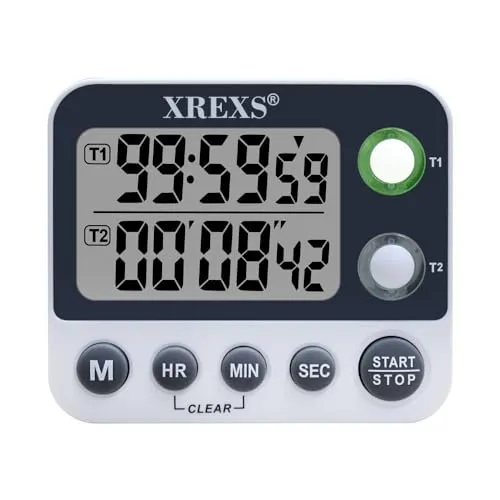 XREXS Digitaler Dual Küchen-Timer, Magnetisch mit Großer LCD-Anzeige丨Einstellbarer Alarm & Stoppuhr, Count Up/Down für Meeting/Klasse/Fitness (Batterien Inklusive)
