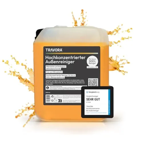 TRAVORA Hochkonzentriertes Bio Caravan- und Autoshampoo 5L - bis zu 500L Reinigungslösung - biologisch abbaubarer Wohnmobil- & Auto Reiniger aussen - 5L Caravan Reiniger Kanister inkl. Auslaufhahn