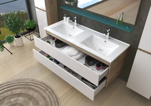 Badmöbel-Set Leonard mit Doppelwaschtisch 120 cm Eiche/Weiß - Modernes Badmöbel-Set mit Doppelwaschtisch, inklusive Spiegel und Hochschrank. Hochglanz-Oberfläche in Weiß/Eiche sorgt für stilvolles Design und pflegeleichte Nutzung. Ideal für jedes Badezimmer!