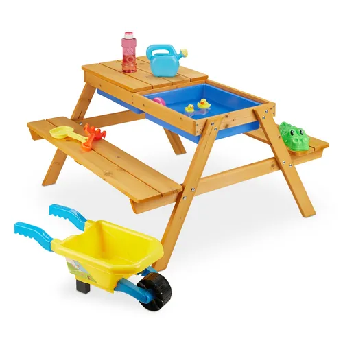 Relaxdays Kindersitzgruppe Holz 2in1 - Kinderzimmertisch & -stuhlset, vielseitig als Spieltisch und Matschküche nutzbar, robustes Kiefernholz für drinnen und draußen, ideal für 4 Kinder.