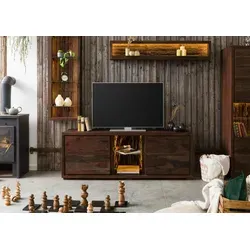 Massivmoebel24 TV-Board Akazie BARK #211 - Lowboard aus Akazie, 175x40x63 cm, dunkelbraun lackiert. Mit einzigartiger Maserung, Metall- und Glaselementen sowie LED-beleuchteter Baumrinde als Blickfang.