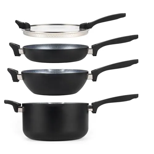 Russell Hobbs RH01840 stapelbares 4-teiliges Pfannenset, antihaft 24cm-Kochtopf, Wok, Bratpfanne und universeller Glasdeckel, PFOA-frei, Batch Cooking, platzsparend, Ausgießlippe, Induktion