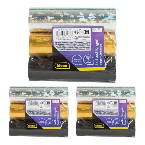 Idena 90429 - Hologramm Luftschlangen, 9 Rollen mit je 18 Abrissen in Gold, Schwarz und Silber, aus FSC-zertifiziertem Papier, als Party Deko oder zum Geburtstag