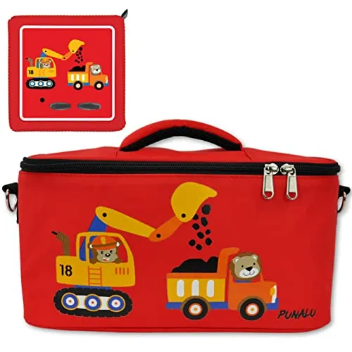 PUNALU Tasche für Toniebox inkl. Schutzfolie passend für Toniebox, Platz für 30 Tonies, Ladegerät und Kopfhörer, Set Toniebox Tasche + Toniebox Aufkleber (rot Bagger & Laster)