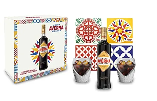 Averna Geschenkset - Averna Amaro Siciliano 0,7L (29% Vol) Schuber + 4x Untersetzer + Giftbox - [Enthält Sulfite] Ohne Gläser