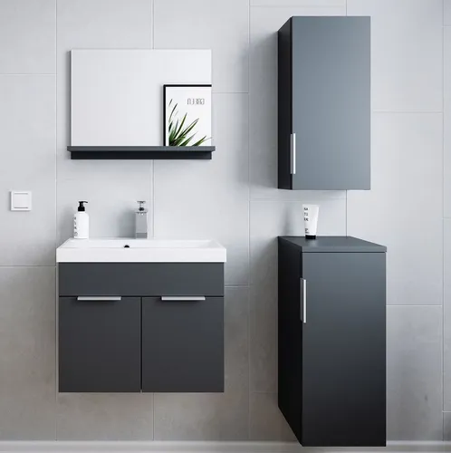 Badmöbel-Set Slimline Lago 4tlg - Elegante Kombination mit Spiegel & Midischränken in Weiss - Badmöbel-Set mit hochwertigem Mineralguss Waschbecken und stilvollem Design, ideal für moderne Badezimmer.