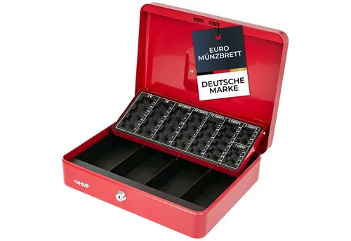 HMF Geldkassette Abschließbare Bargeldkasse mit Münzzählbrett und 4 Banknotenfächern, robuste Geldbox mit Schlüssel, 30,5 x 24 x 8,5 cm, rot