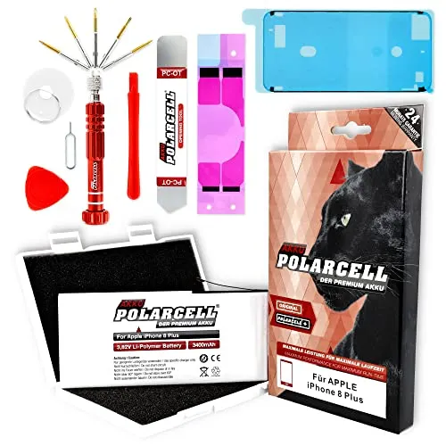 PolarCell Akku für Apple iPhone 8 Plus | 8+ inklusive Werkzeugset und Rahmenkleber im Profi-Set | 3400mAh | 26% mehr Kapazität als die Original-Batterie | A1897 A1864 A1898 | A+ Qualitätszellen
