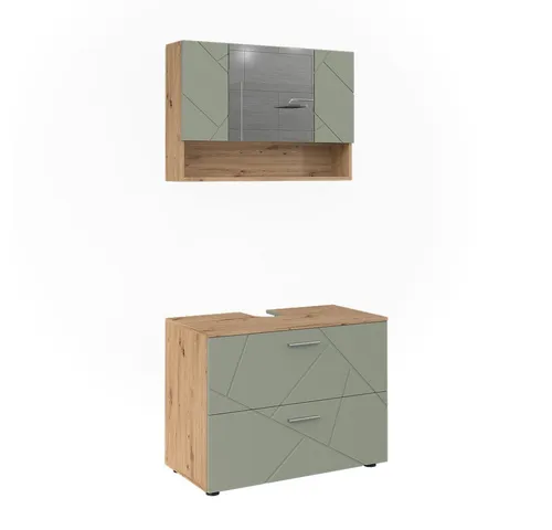 Vicco Badmöbel-Set Irma in Salbeigrün, 2 Teile - Praktisches Badmöbel-Set mit Waschbeckenunterschrank und Spiegelschrank. Ideal für stilvolle Ordnung im Badezimmer. Pflegeleichtes Material und modernes Design sorgen für eine elegante Atmosphäre.