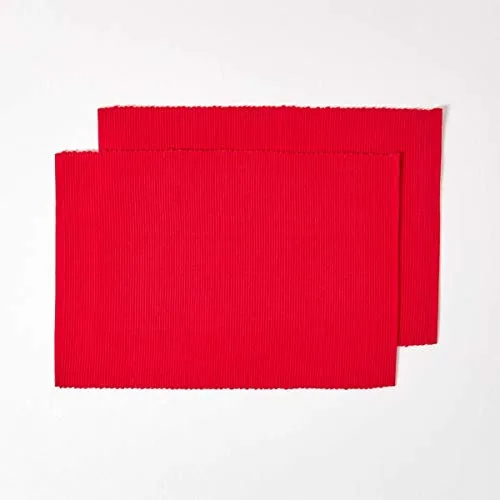 HOMESCAPES 2er-Set rote Tischsets Baumwolle gerippt, Platzsets rechteckig aus Stoff, waschbare Platzdeckchen