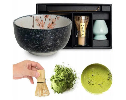 WESTCRAFT Matcha Set 4 tlg. mit japanischer Schale, Besen & Löffel - Traditionelles Matcha Set mit handbemalter Schale, Besen und Löffel. Ideal für die Zubereitung von Matcha-Tee und perfekt als Geschenk in einer stilvollen Geschenkbox.