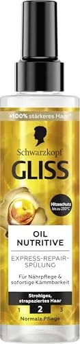 Gliss Express-Repair-Spülung Oil Nutritive (2 x 200 ml), Haarspülung nährt strohiges, strapaziertes Haar, Pflegespülung mit Hitzeschutz bis zu 230 °C