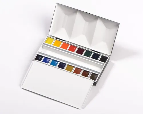 Honsell Aquarellfarbe BlockX - 16x1/2 Näpfchen im emaillierten Metallkasten - Schreibutensilien: Hochwertige Aquarellfarbe im praktischen Metallkasten, ideal für Künstler und Hobbyisten.