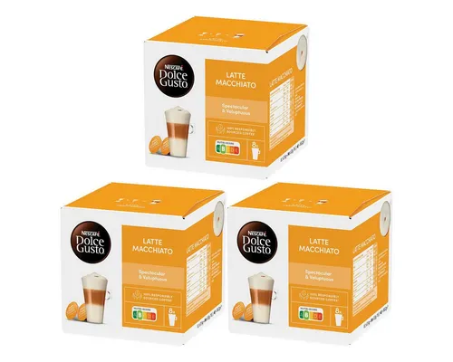 Nescafé Dolce Gusto Latte Macchiato 3er Pack – 48 Kapseln - Genießen Sie 48 Tassen perfekten Latte Macchiato mit Nescafé Dolce Gusto! Im praktischen 3er Pack erhalten Sie hochwertige Kapseln für schnellen Kaffeegenuss mit samtigem Milchschaum und vollem Aroma – ideal für Zuhause oder im Büro.