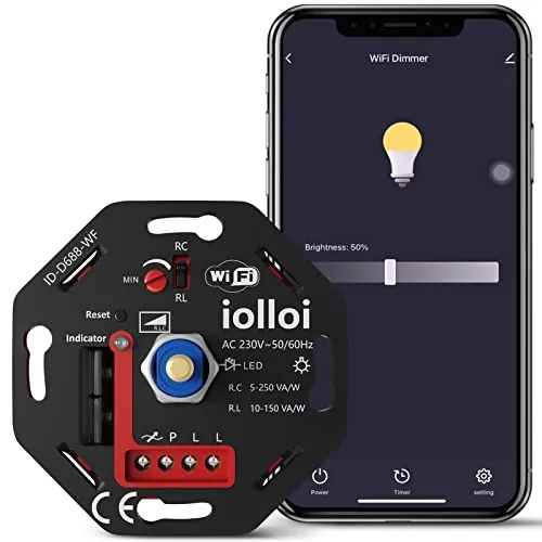 iolloi Universal WiFi/Wlan Dimmer Schalter, Smart Dimmschalter 230V, LED Dimmer 5-250W, Kompatibel mit Alexa, Google Home & Tuya Smart Life, dimmer für led lampen (kein Neutralleiter erforderlich)