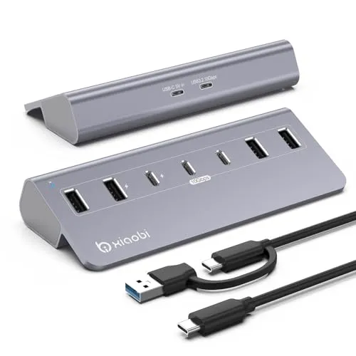 Xiaobi USB Hub mit Netzteil, 7 Port USB Hub 3.2 Gen 2, 10 Gbps USB Verteiler mit Netzteil 5V 3A Powered USB hub Adapter 4 USB-A & 3 USB-C Ports BC1.2-Schnelladung für iPhone 17/16 MacBook iPad Laptop